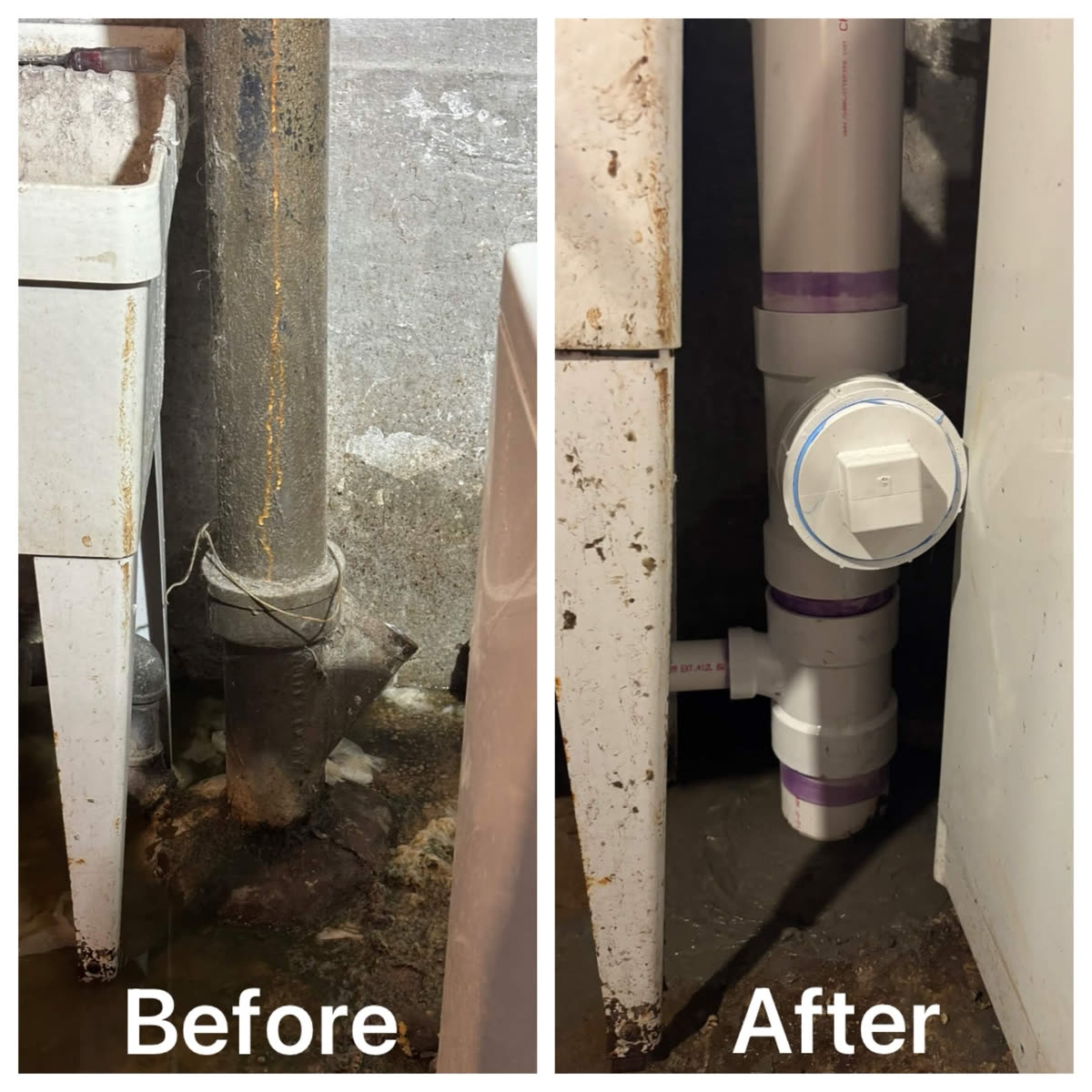 Before and after photo of a repaired drain stack